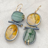 Raw Green Tourmaline and Dendritic Quartz Earrings with Twigs